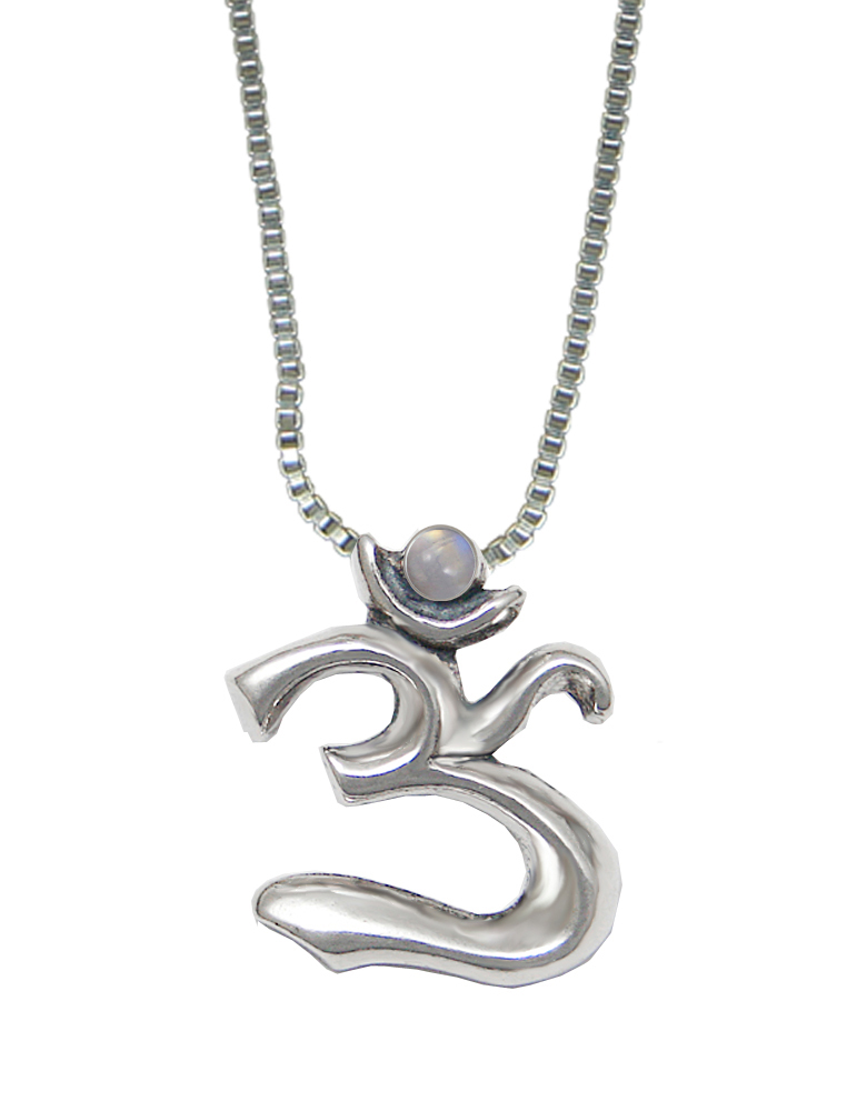 Sterling Silver Elegant Ohm Symbol Pendant With Rainbow Moonstone